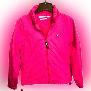 VTG Y2K Tommy Hilfiger Hot Pink WindBreaker Coat Zip Pocket Hood Women’s Sz S